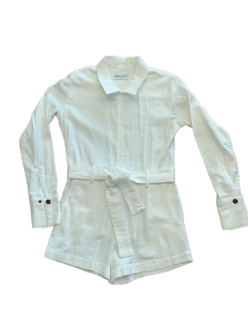 Rivet Utility: Cream/Off White Linen Romper: Size S